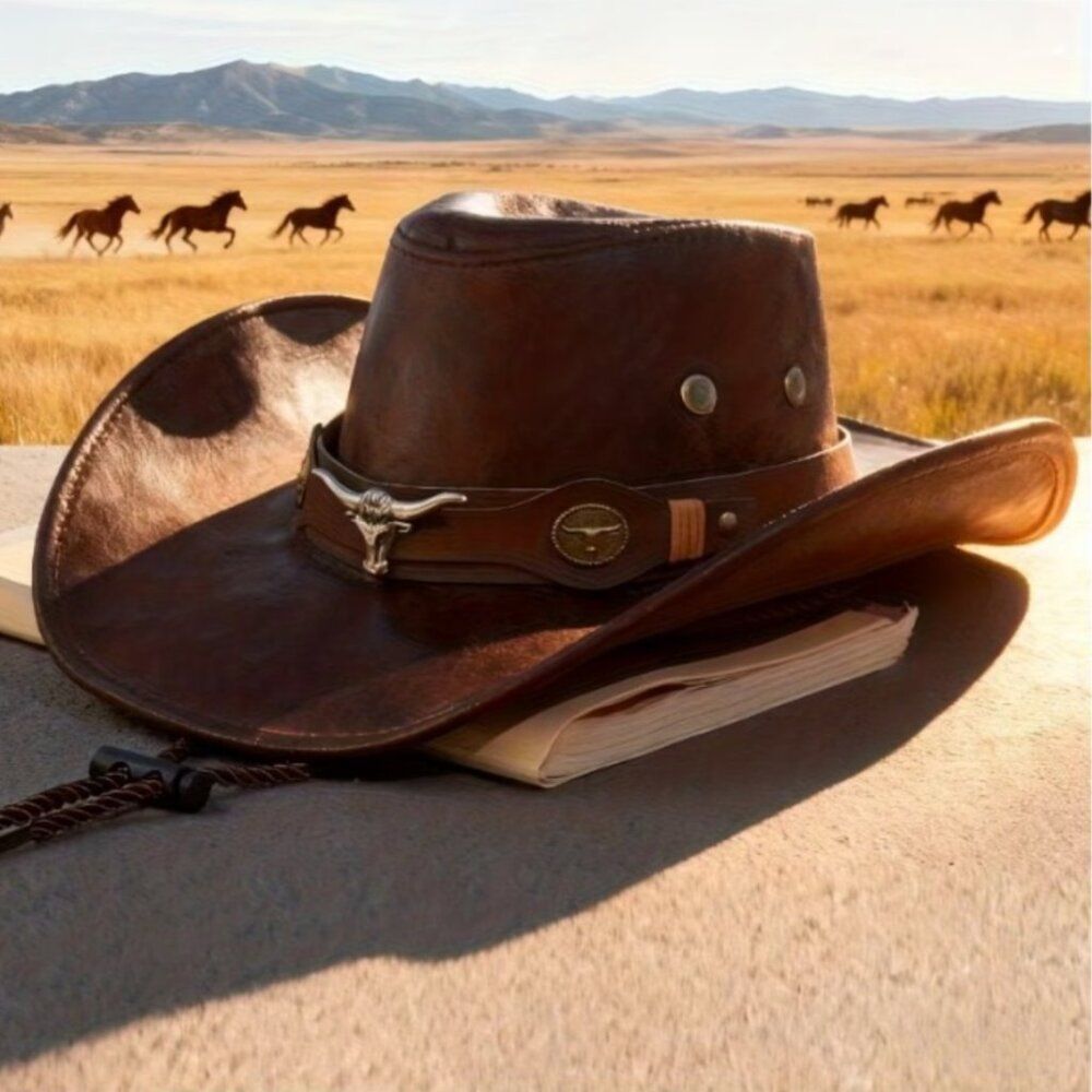 Western Hat Wide Brim Iconic Texas Longhorn on Hat Band Vegan Leather Boho Chic - Picture 3 of 5